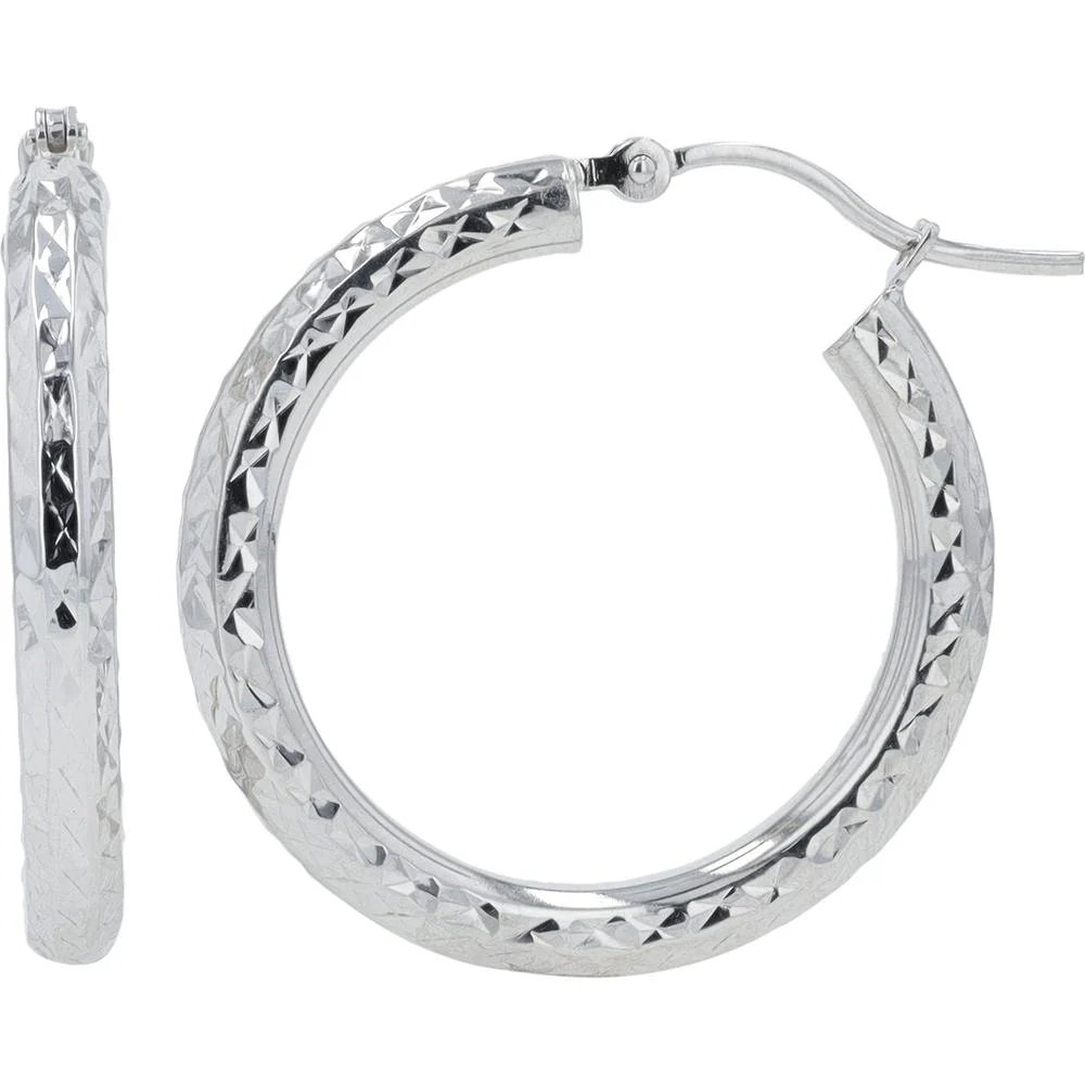 14K White Gold 14mm Tube Hoop Earrings - Diamond Cut Texture - 1.76g Total Weight