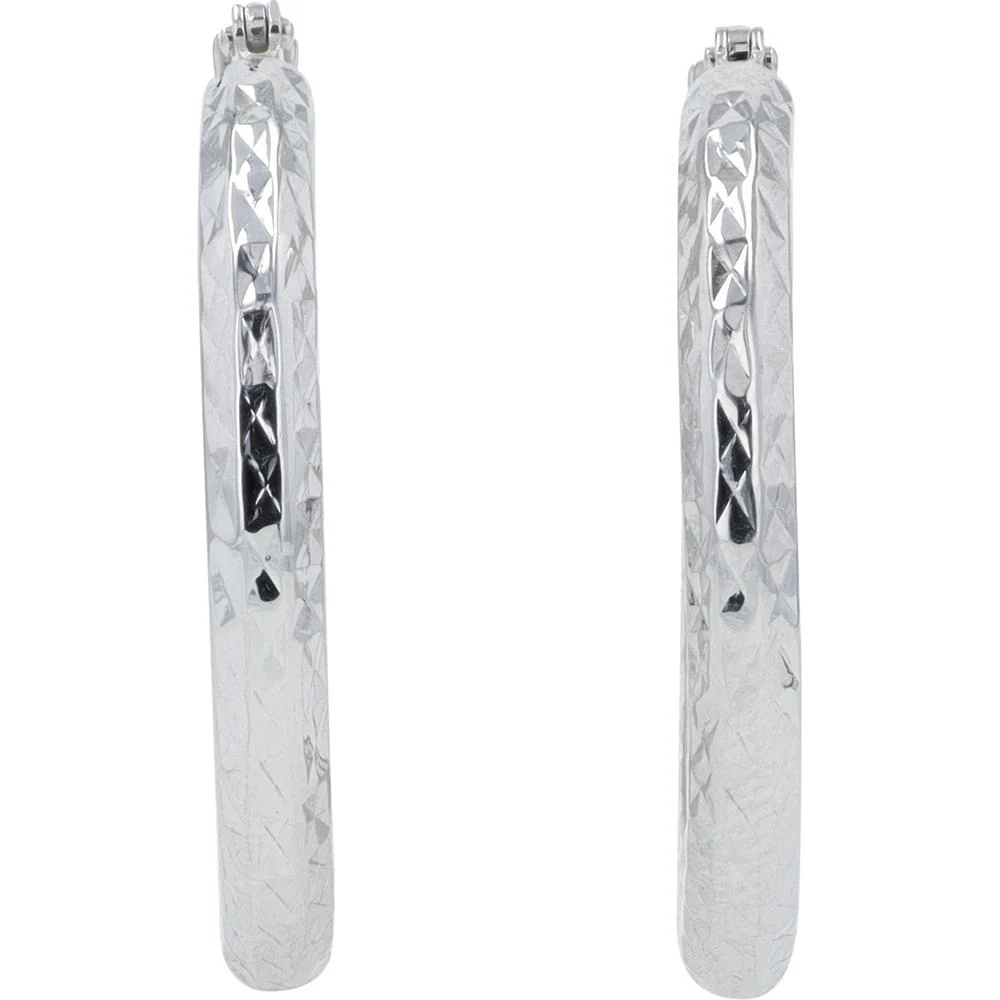 14K White Gold 14mm Tube Hoop Earrings - Diamond Cut Texture - 1.76g Total Weight - Image 2