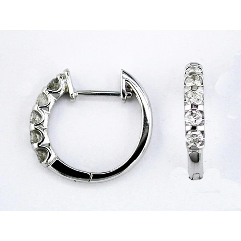 14K White Gold 15mm Diamond Hoop Earrings with Bar Set Round Brilliant Diamonds - 0.50 Carat Total Weight - Royal Jewelry