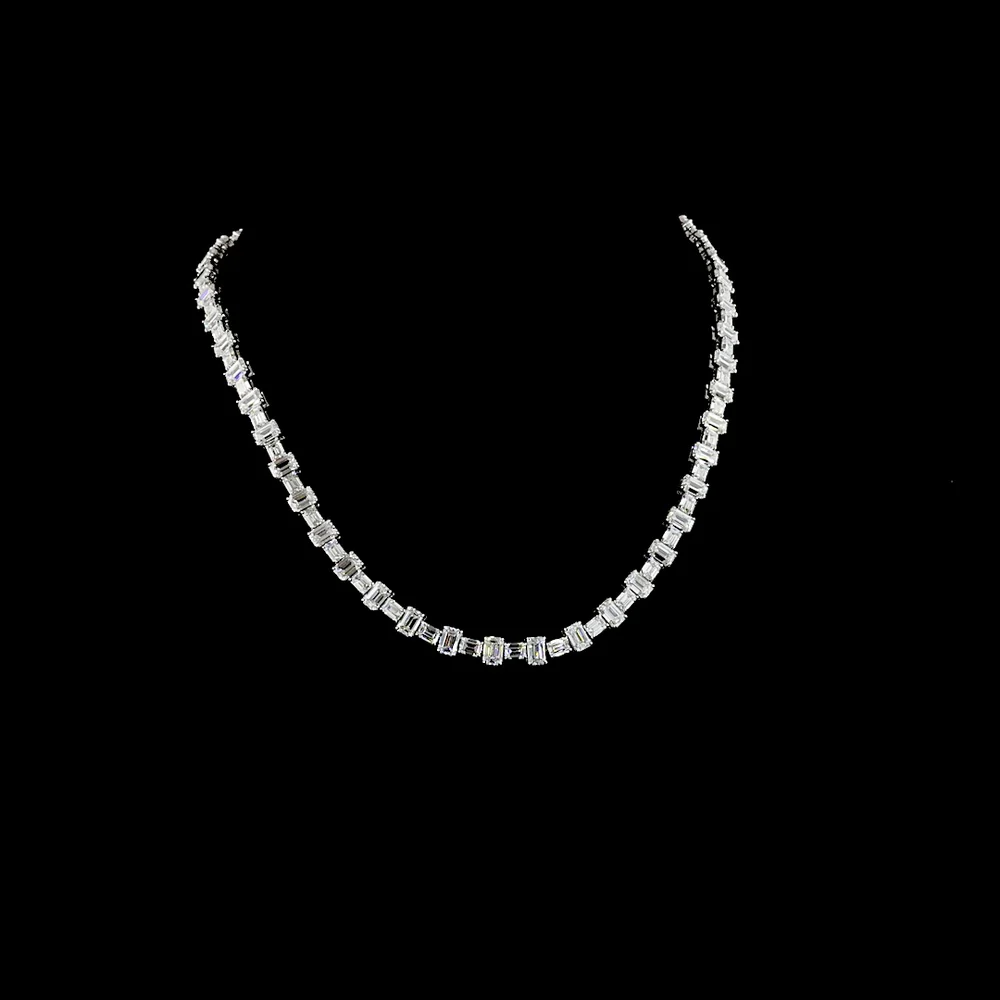 14K White Gold 16" Station Line Tennis Necklace with 94 Emerald Cut Lab Diamonds - 36.11 Carat Total Weight, E-F VS Clarity - Covaloro Fine Jewelry
