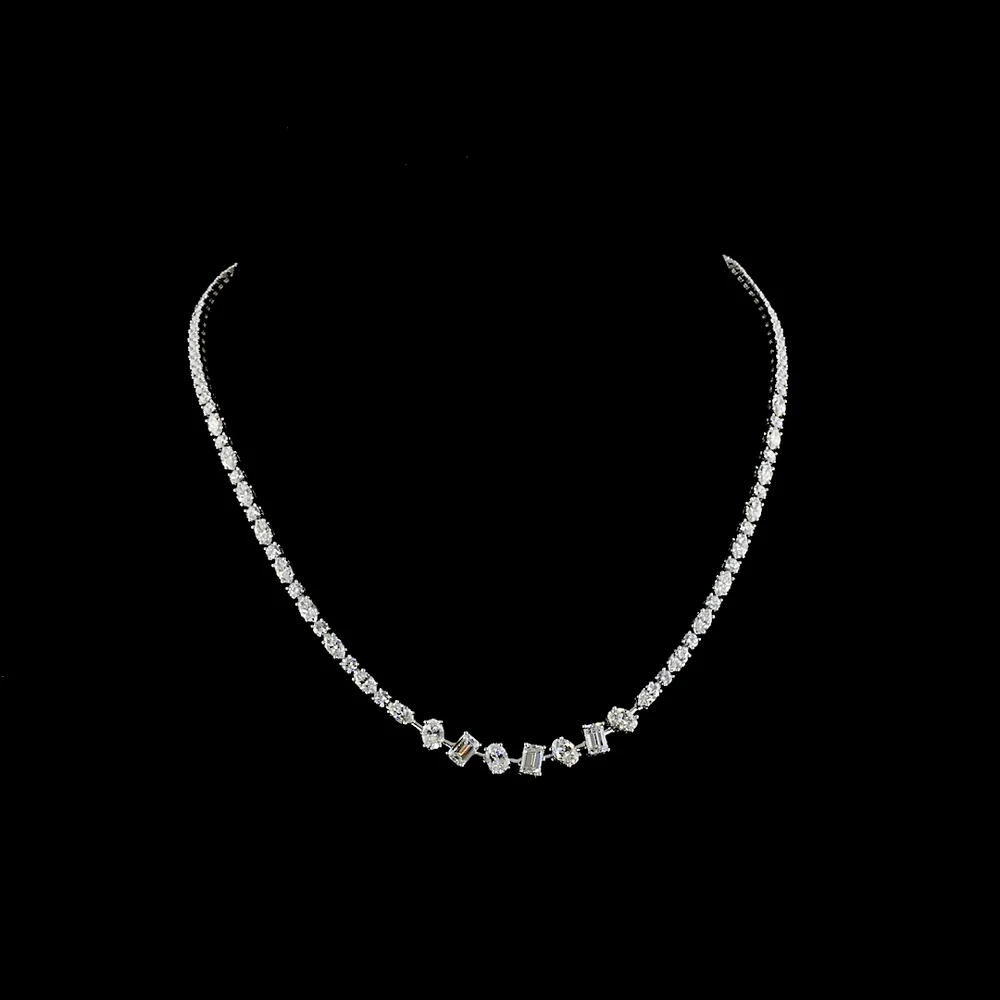 14K White Gold 16" Station Line Tennis Necklace with Mixed Shape Lab Diamonds (Emerald, Brilliant, Marquise) - 9.90 Carats Total Diamond Weight - Covaloro Fine Jewelry