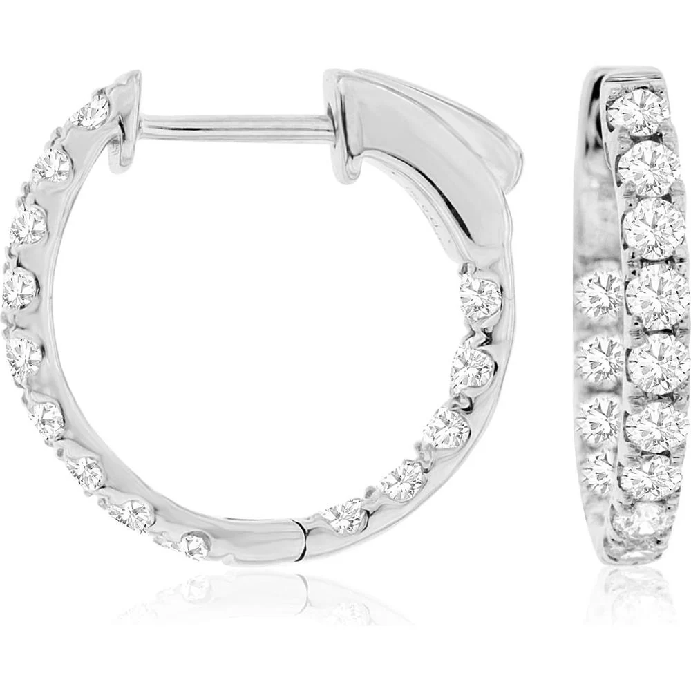 14K White Gold 16mm Diamond Hoop Earrings with Round Brilliant Set Diamonds - 1.00 Carat Total Diamond Weight - Royal Jewelry