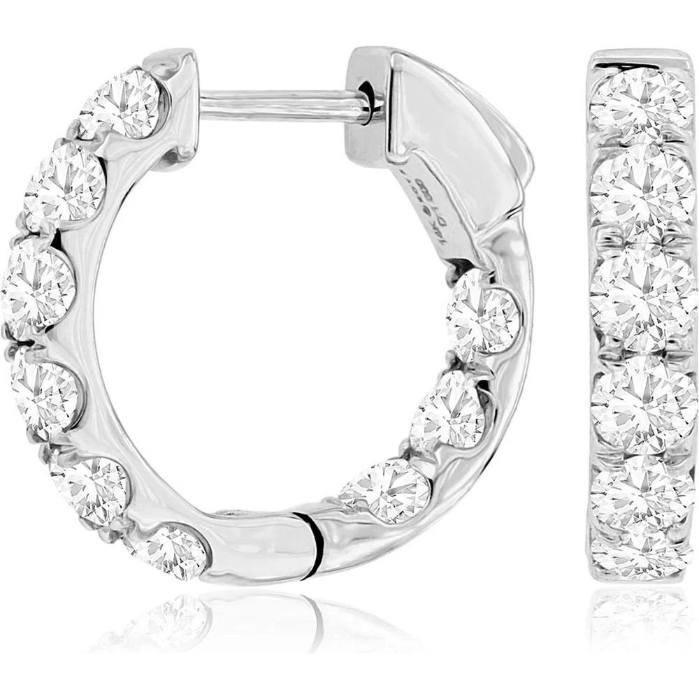 14K White Gold 16mm Medium Diamond Hoop Earrings with Shared-Prong Set Round Brilliant Diamonds - 2.00 Carat Total Diamond Weight - Royal Jewelry