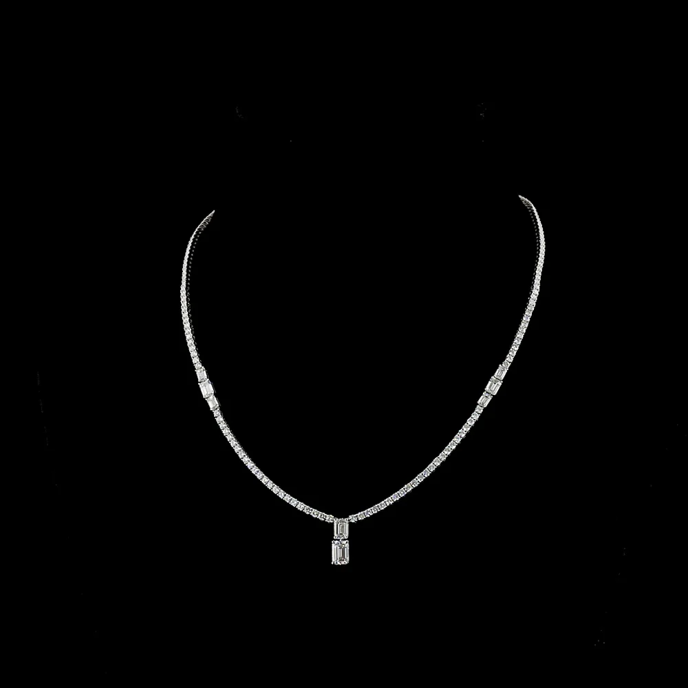 14K White Gold 17.5" Special Necklace with North-South Prong Set Emerald Cut Lab Diamond Center and Brilliant Accent Stones - 7.30 Carats Total Diamond Weight - Covaloro Fine Jewelry