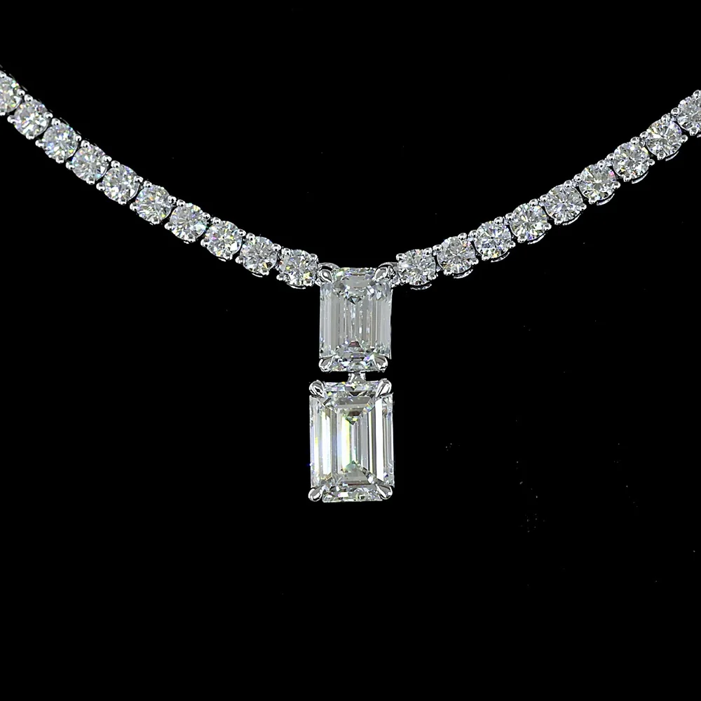 14K White Gold 17.5" Special Necklace with North-South Prong Set Emerald Cut Lab Diamond Center and Brilliant Accent Stones - 7.30 Carats Total Diamond Weight - Covaloro Fine Jewelry - Image 2