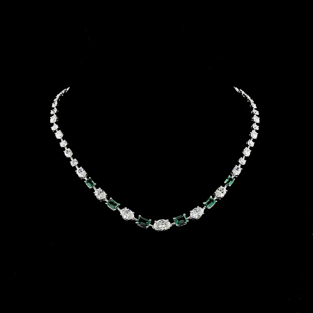 14K White Gold 17" Riviera Necklace with East-West Oval Lab Diamonds and Emerald-Cut Lab Emeralds - 14.89 Carats Total Gem Weight - Covaloro Fine Jewelry