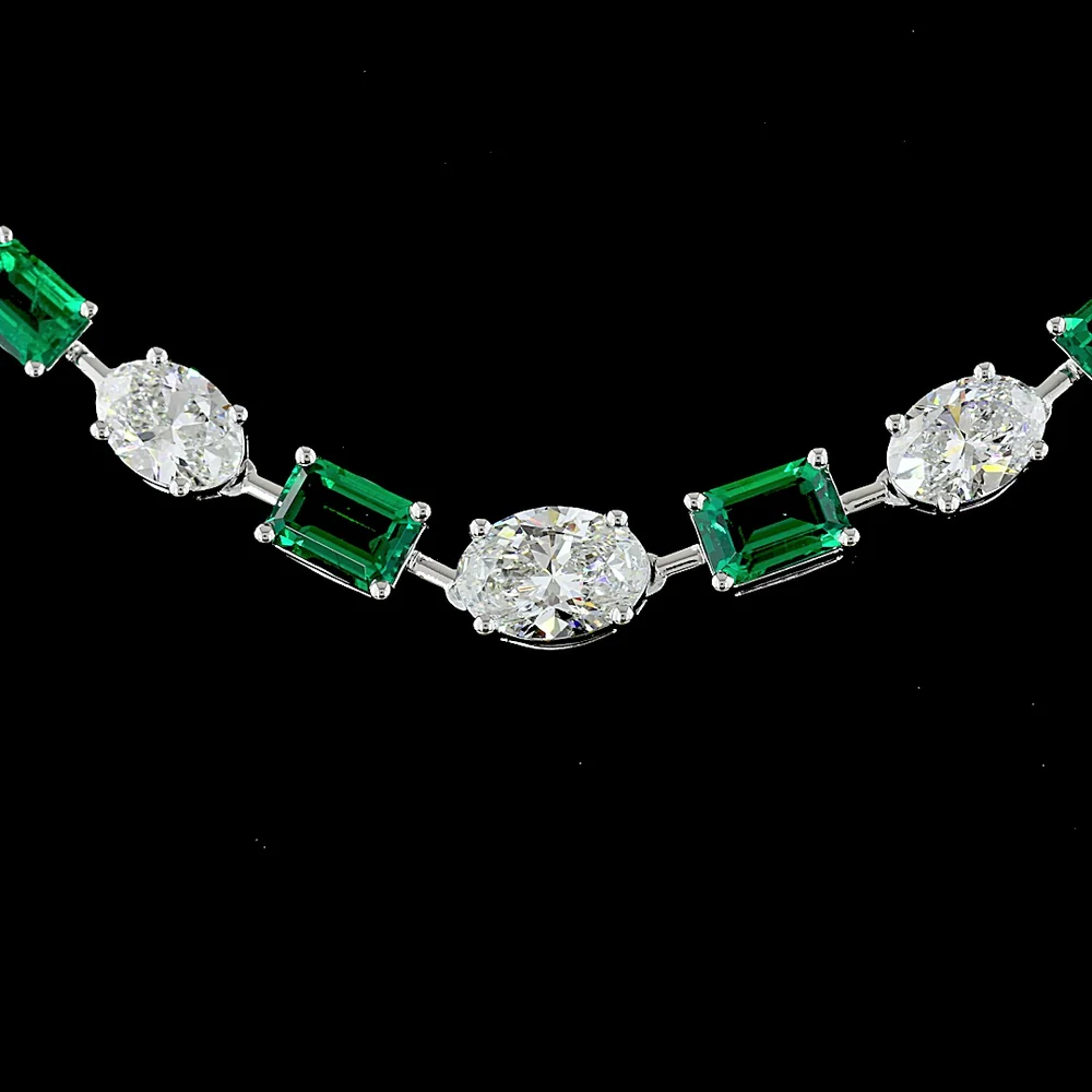 14K White Gold 17" Riviera Necklace with East-West Oval Lab Diamonds and Emerald-Cut Lab Emeralds - 14.89 Carats Total Gem Weight - Covaloro Fine Jewelry - Image 2