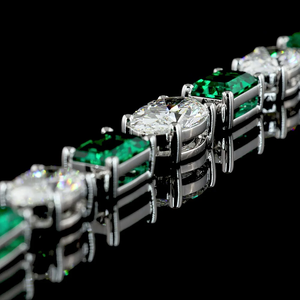 14K White Gold 17" Riviera Necklace with East-West Oval Lab Diamonds and Emerald-Cut Lab Emeralds - 14.89 Carats Total Gem Weight - Covaloro Fine Jewelry - Image 3