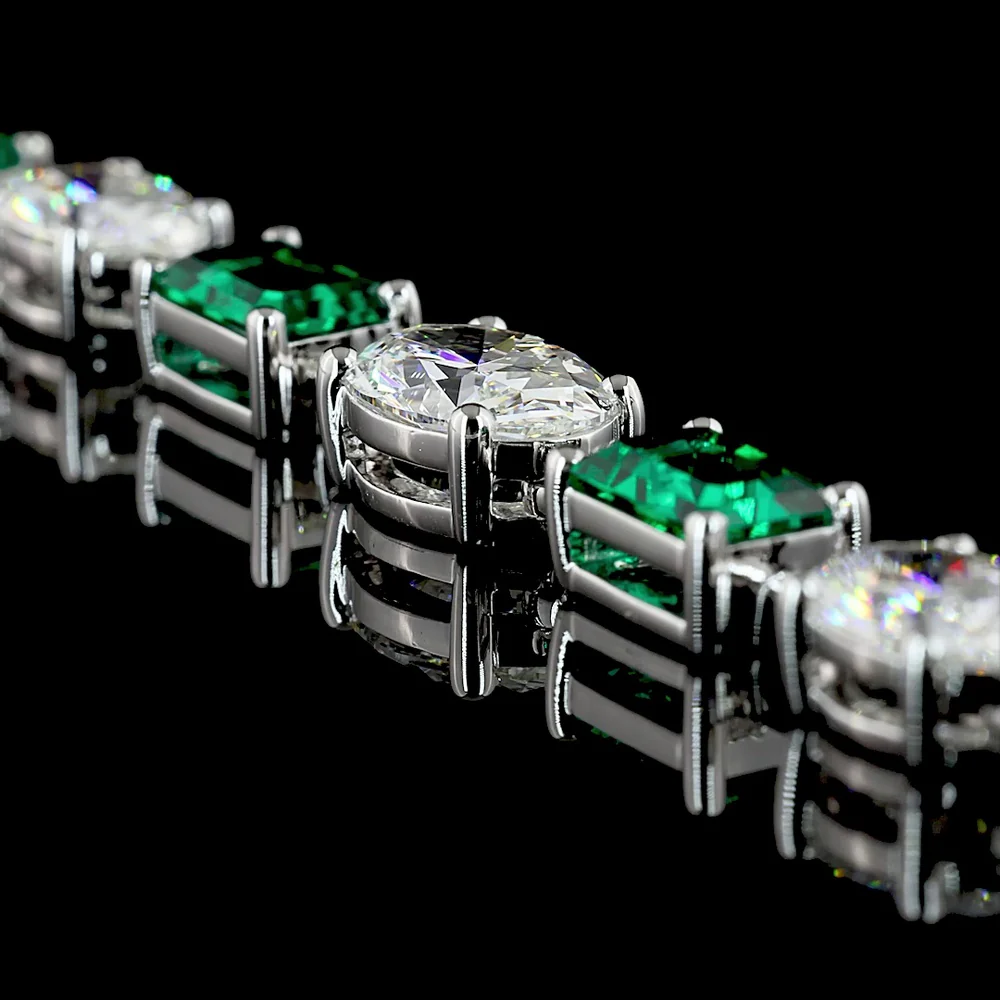 14K White Gold 17" Riviera Necklace with East-West Oval Lab Diamonds and Emerald-Cut Lab Emeralds - 14.89 Carats Total Gem Weight - Covaloro Fine Jewelry - Image 4