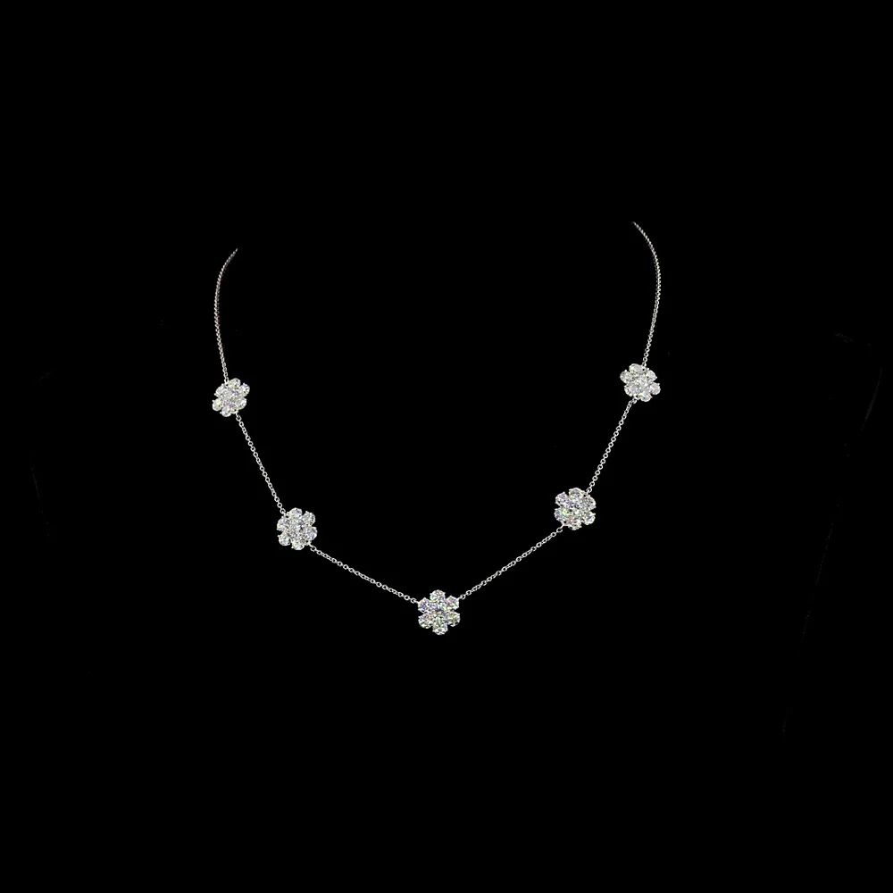 14K White Gold 17" Station Necklace with Five Floral Diamond Motifs and Brilliant Cut Round Lab Diamonds - 4.88 Carats Total Diamond Weight - Covaloro Fine Jewelry