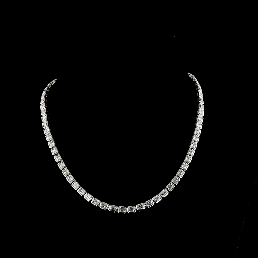 14K White Gold 17" Tennis Necklace with Bezel Set East-West Emerald Cut Lab Diamonds - 20.26 Carat Total Diamond Weight - Covaloro Fine Jewelry