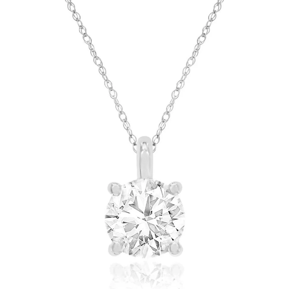 14K White Gold 18 Inch Solitaire Pendant with 1 Carat Round Brilliant Cut Lab Grown Diamond in Four-Prong Setting - Royal Jewelry