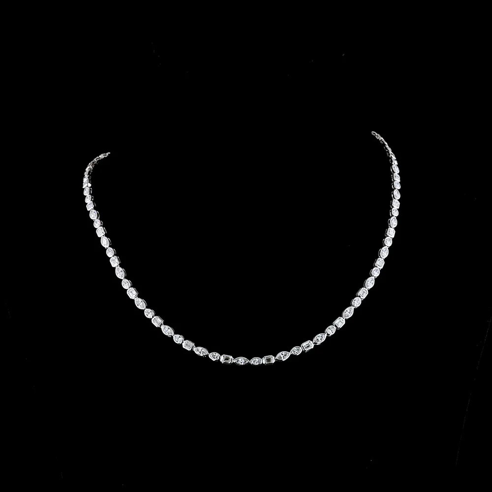 14K White Gold 18" Mixed Shape Tennis Necklace with Bezel Set Emerald, Marquise, and Oval Lab Diamonds - 8.96 Carats Total Diamond Weight - Covaloro Fine Jewelry