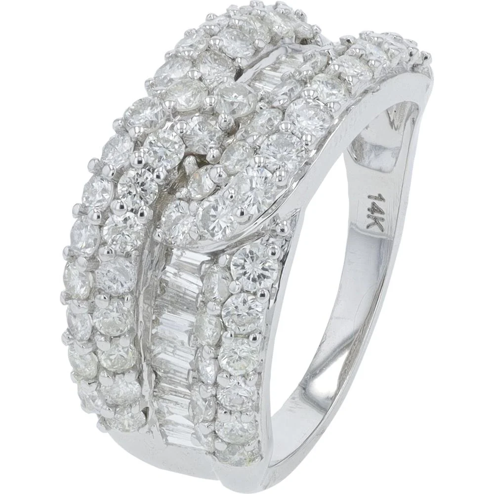 14K White Gold 2.00 Carat Diamond Ring with Round and Baguette Diamonds