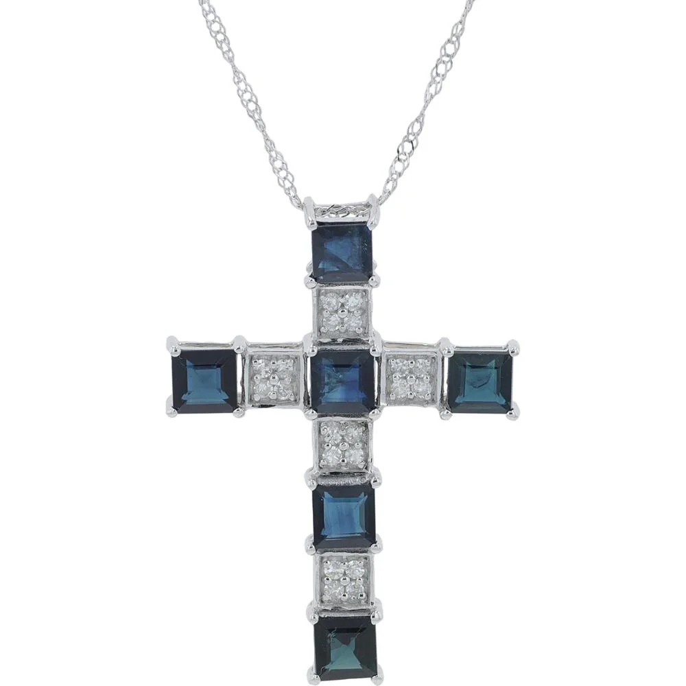 14K White Gold 2.00 Carat Square - Cut Sapphire Cross Pendant with 0.07 Carat Diamond Accents