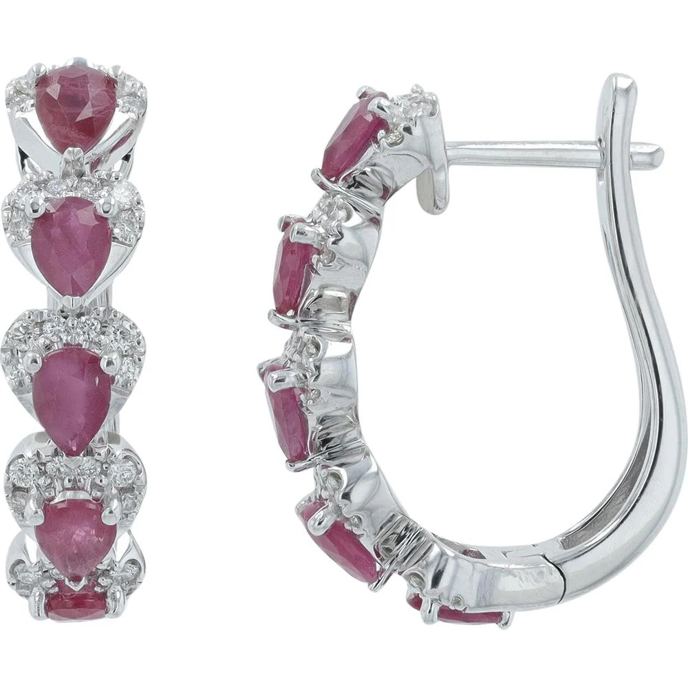 14K White Gold 2.00 Carat Total Ruby and 0.30 Carat Diamond Hoop Earrings - Pear Shaped