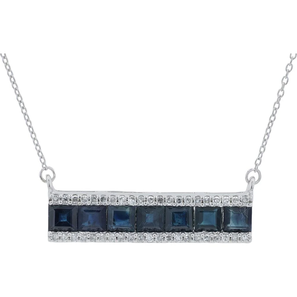14K White Gold 2.10 Carat Square - Cut Sapphire Necklace with 0.30 Carat Diamond Accents