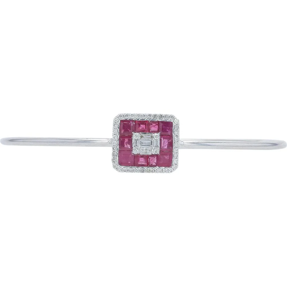 14K White Gold 2.10 Carat Total Weight Ruby Cuff with 0.38 Carat Diamond Halo