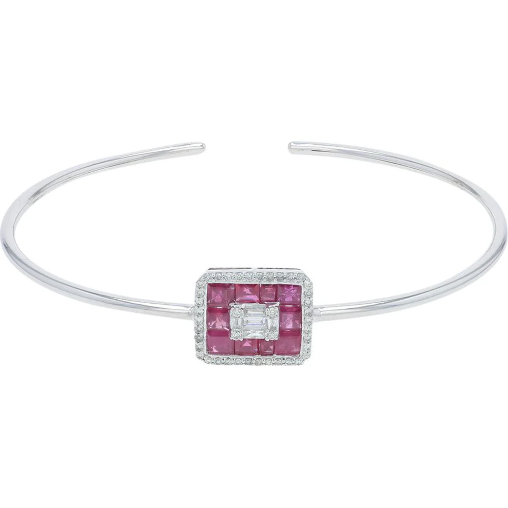 14K White Gold 2.10 Carat Total Weight Ruby Cuff with 0.38 Carat Diamond Halo - Image 2