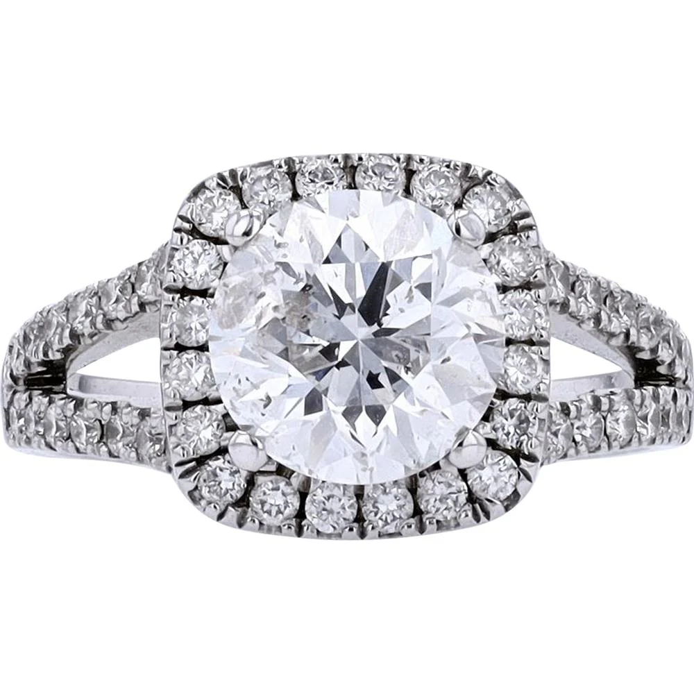 14K White Gold 2.11 Carat Round Brilliant Cut Diamond Halo Ring - 2.61 Carat Total Diamond Weight