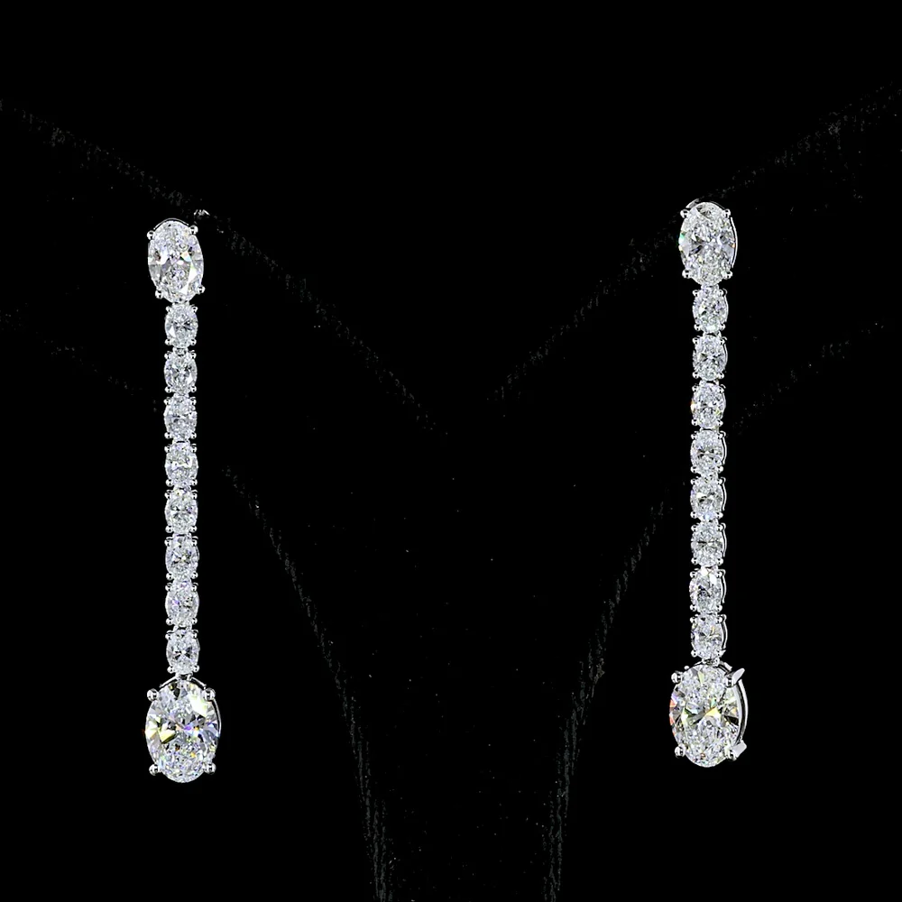 14K White Gold 2.17" Oval Lab Diamond Hanging Drop Earrings with Prong Set Stones - 4.72 Carats Total Diamond Weight - Covaloro Fine Jewelry