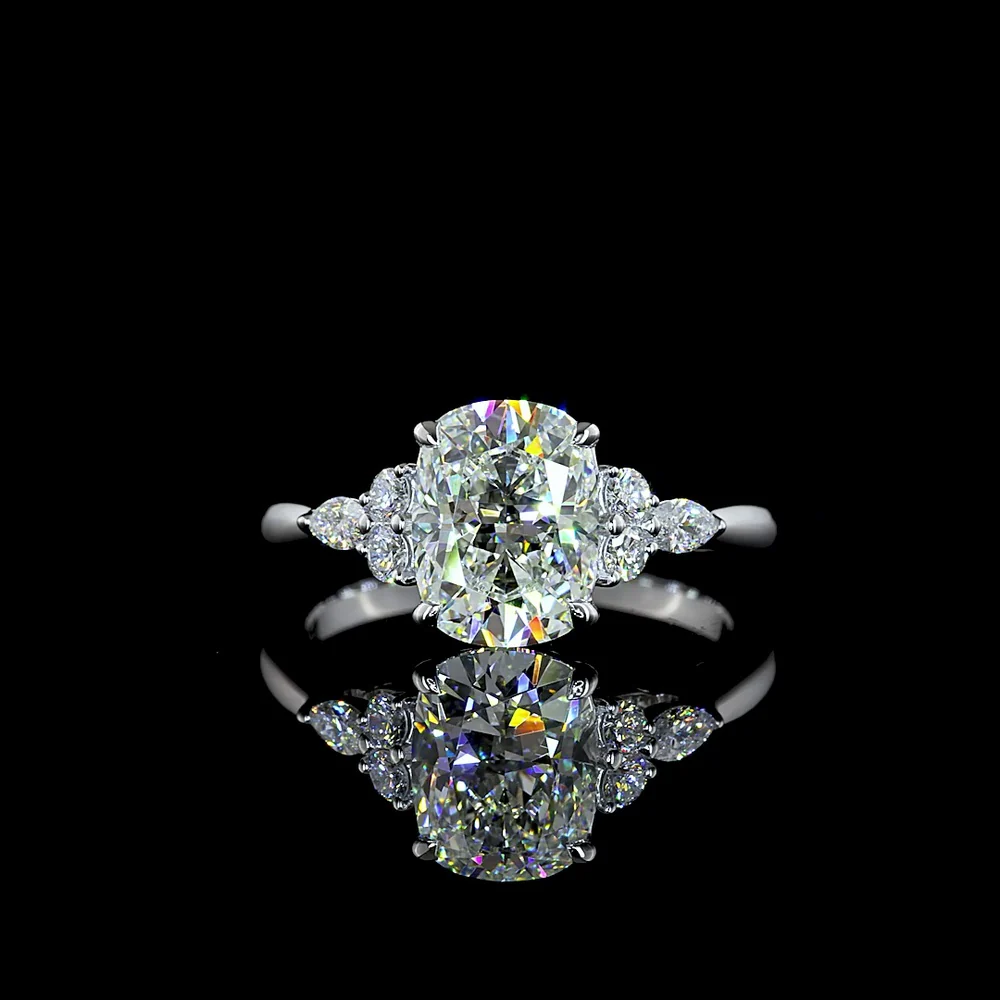 14K White Gold 2.24 Carat Lab Grown Diamond Ring featuring a 2.00 Carat Cushion Brilliant Center and Marquise Cut Side Stones in Prong Setting - IGI Certified E-F VS1 Quality - Covaloro Fine Jewelry