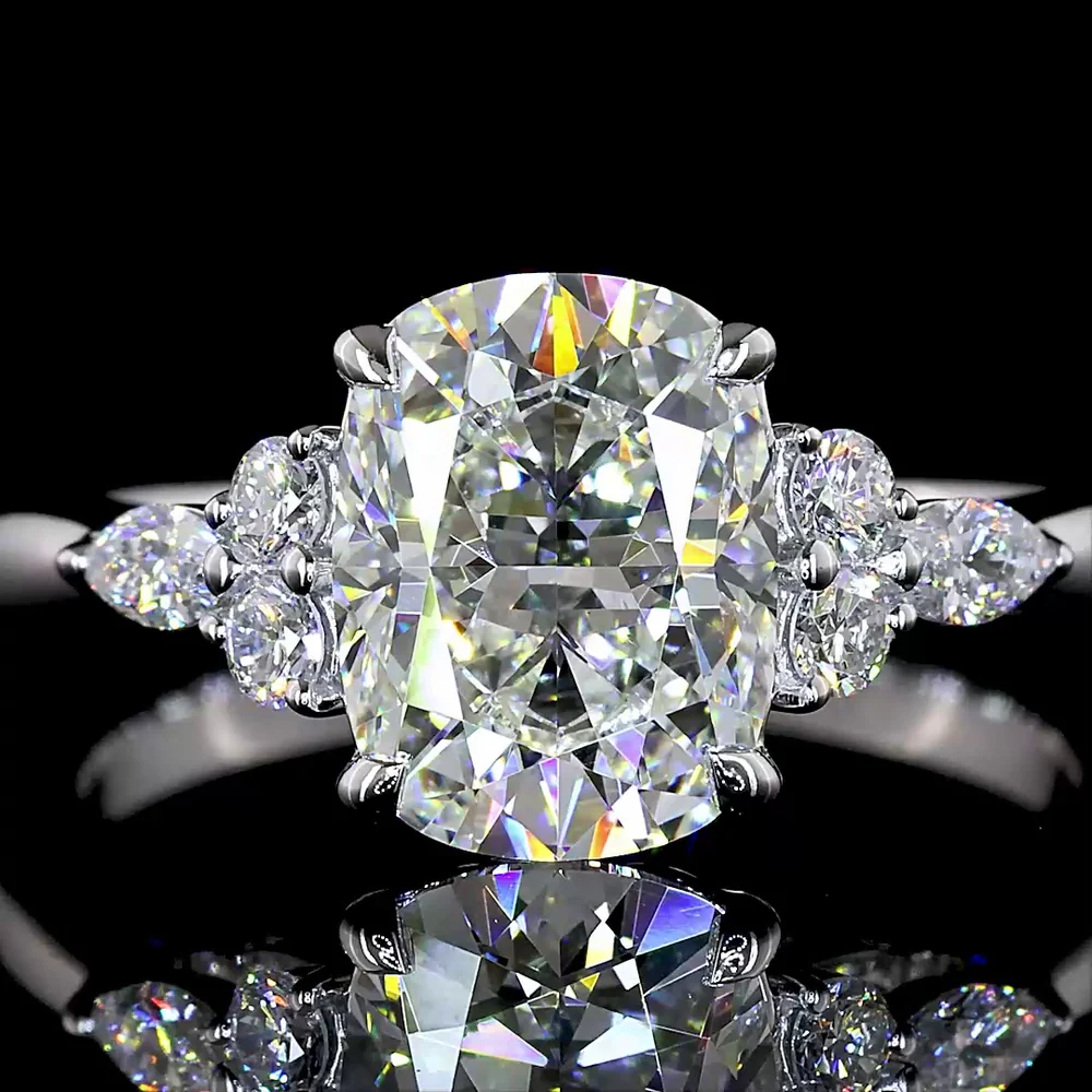 14K White Gold 2.24 Carat Lab Grown Diamond Ring featuring a 2.00 Carat Cushion Brilliant Center and Marquise Cut Side Stones in Prong Setting - IGI Certified E-F VS1 Quality - Covaloro Fine Jewelry - Image 2