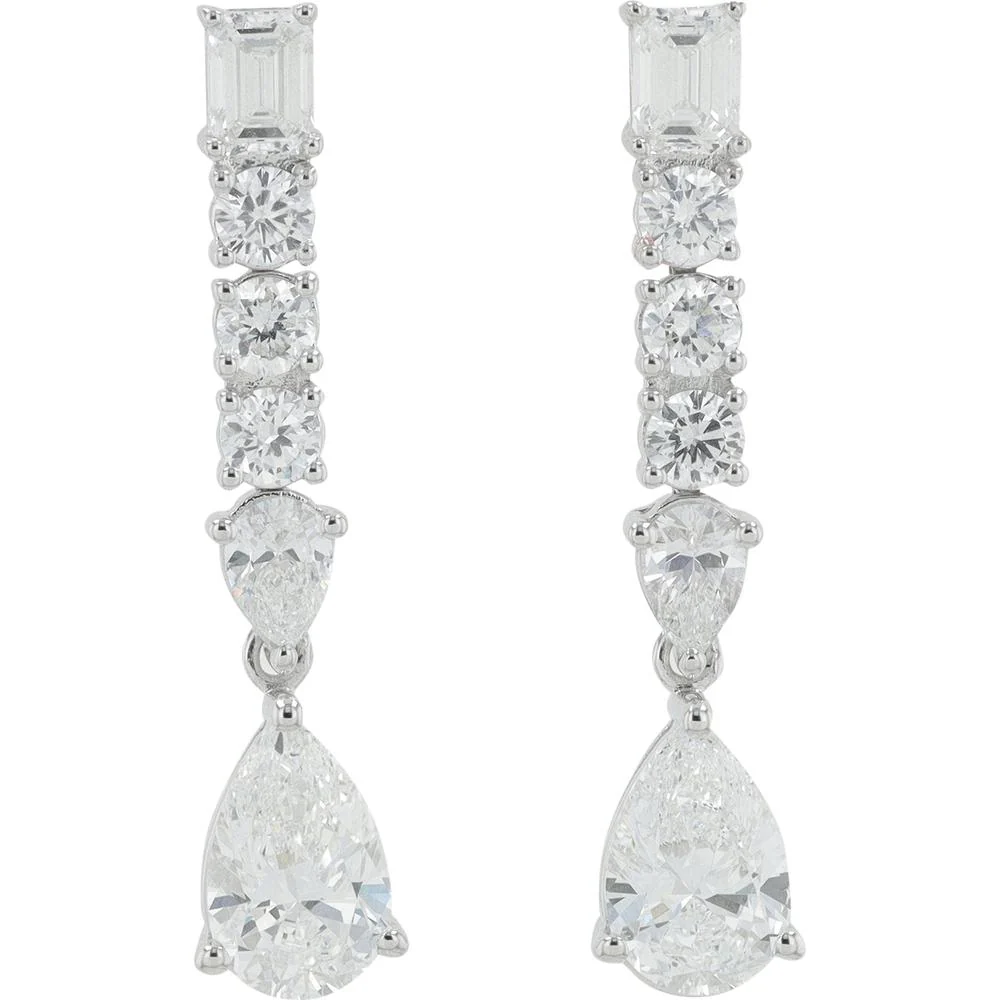 14K White Gold 2.50 Carat Total Weight Lab Grown Diamond Drop Earrings with Emerald, Round, and Pear Cut Stones