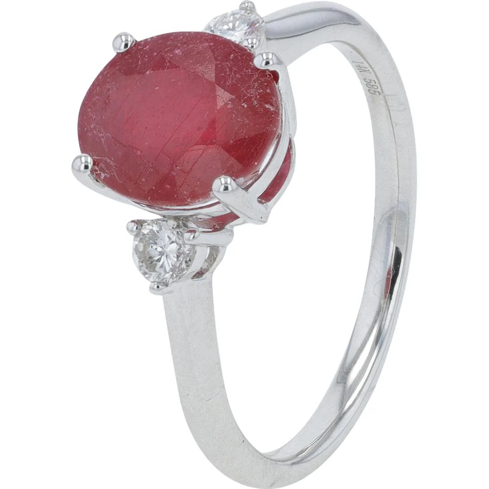 14K White Gold 2.92 Carat Glass - Filled Ruby Ring with Diamond Accents - 0.14 Carat Total Diamond Weight
