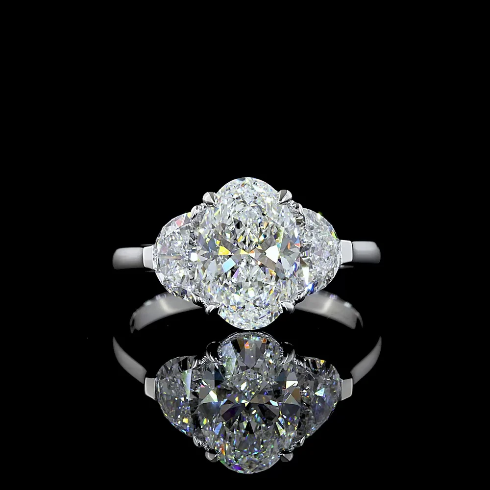 14K White Gold 2.96 Carat Three Stone Ring with Oval and Half-Moon Lab Diamonds E-F VS1 - Covaloro Fine Jewelry