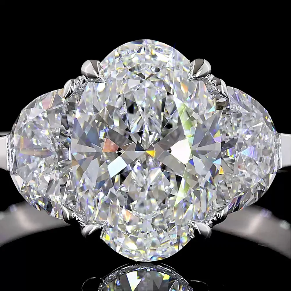 14K White Gold 2.96 Carat Three Stone Ring with Oval and Half-Moon Lab Diamonds E-F VS1 - Covaloro Fine Jewelry - Image 2