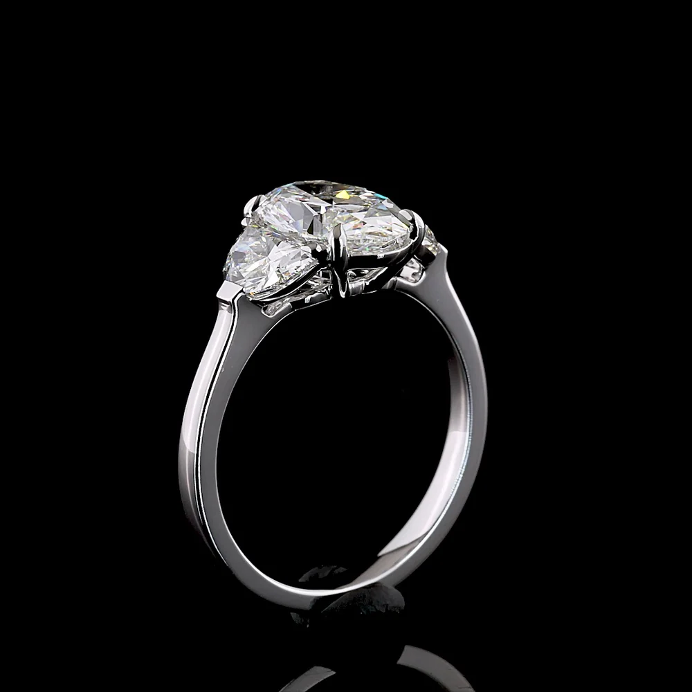 14K White Gold 2.96 Carat Three Stone Ring with Oval and Half-Moon Lab Diamonds E-F VS1 - Covaloro Fine Jewelry - Image 4