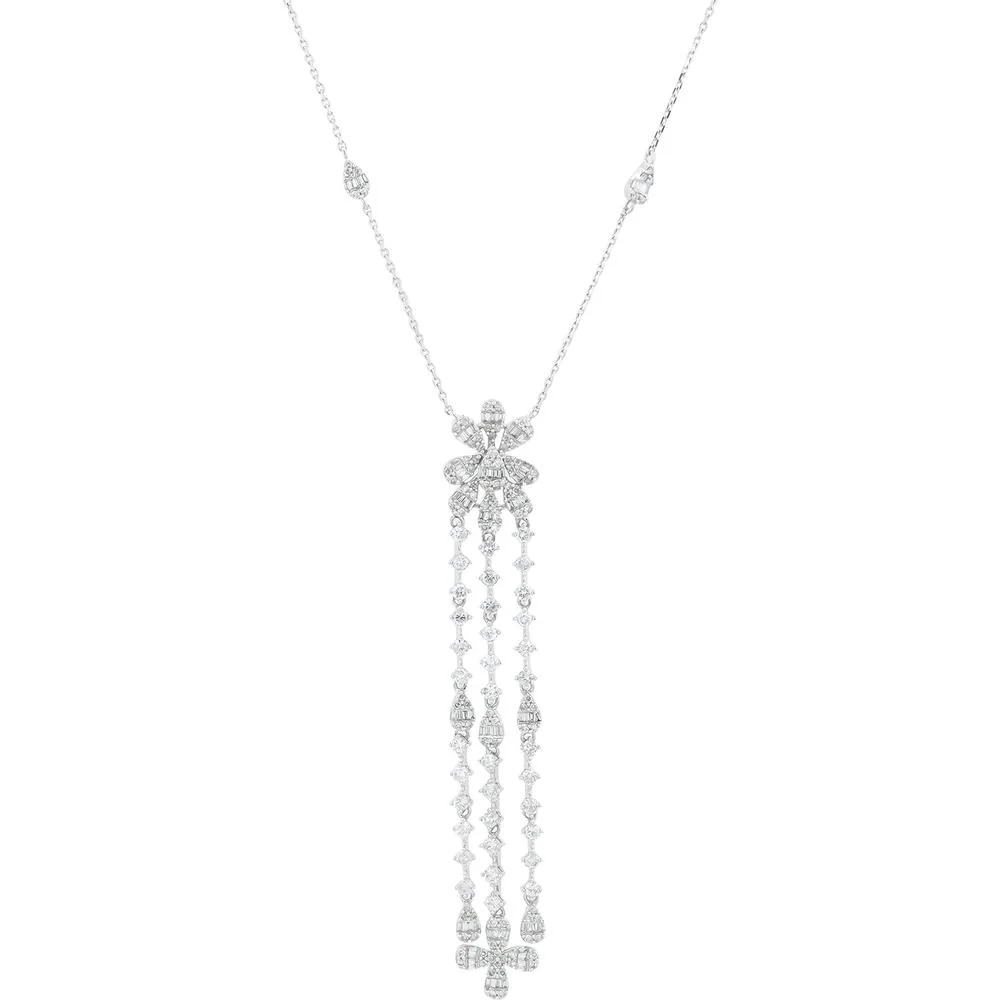 14K White Gold 2 Carat Diamond Necklace with Floral Motif and Dangling Baguette & Round Diamonds