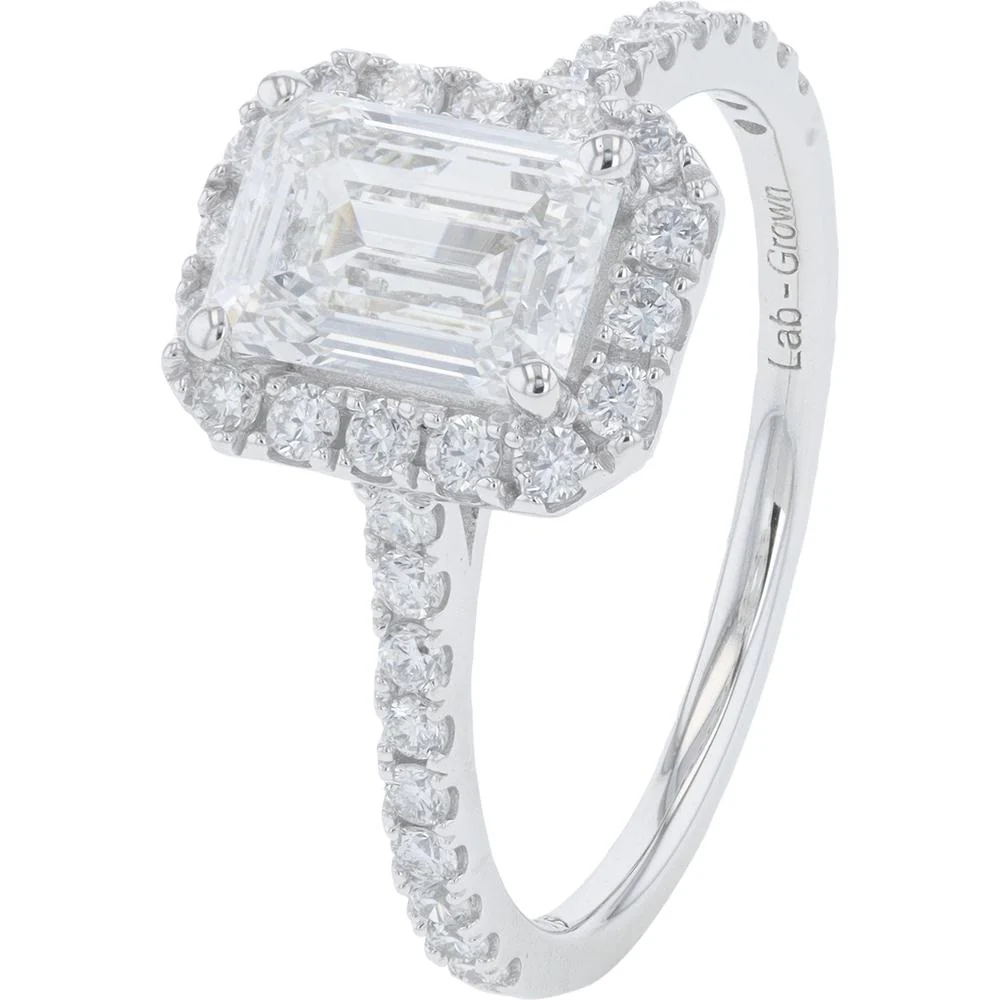 14K White Gold 2 Carat Lab Grown Diamond Emerald Cut Engagement Ring with Halo Diamond Accents