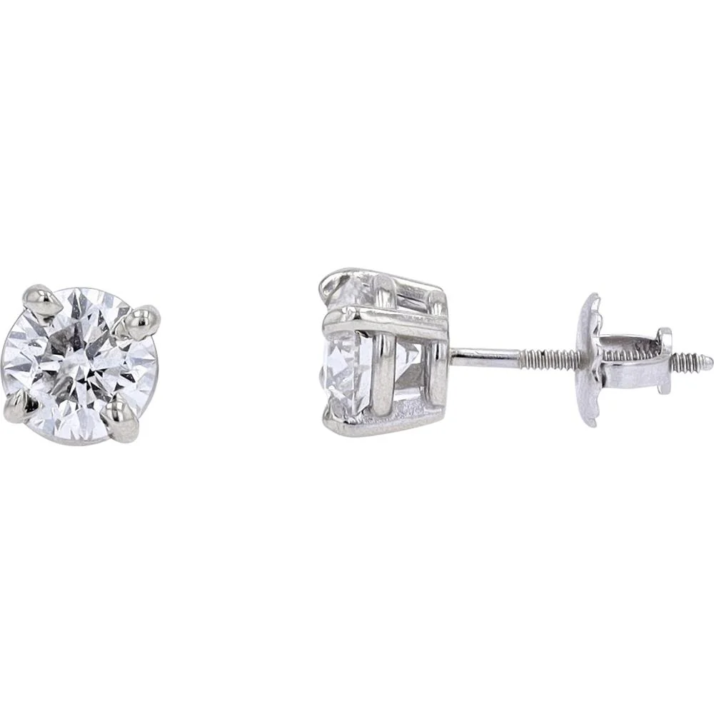14K White Gold 2 Carat Round Cut Diamond Stud Earrings with Screw Backs - 2.00 Carat Total Diamond Weight - Image 2
