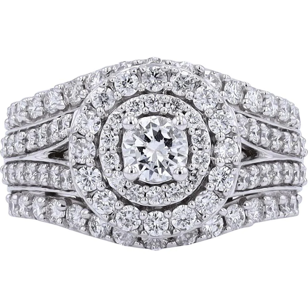 14K White Gold 2 Carat Total Weight Diamond Halo Engagement Ring with Split Shank - 2.00 Carat Total Diamond Weight