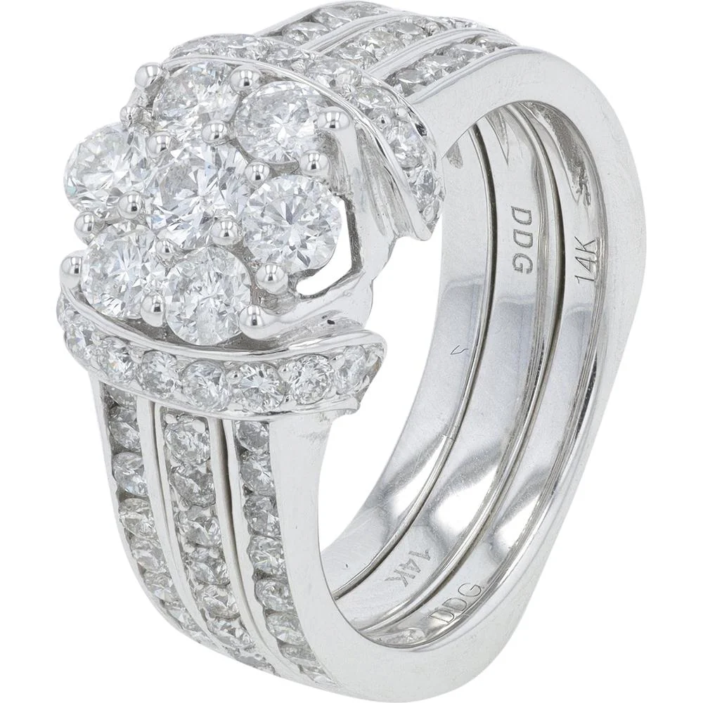 14K White Gold 2 Carat Total Weight Round Diamond Cluster Bridal Set with Pavé Band