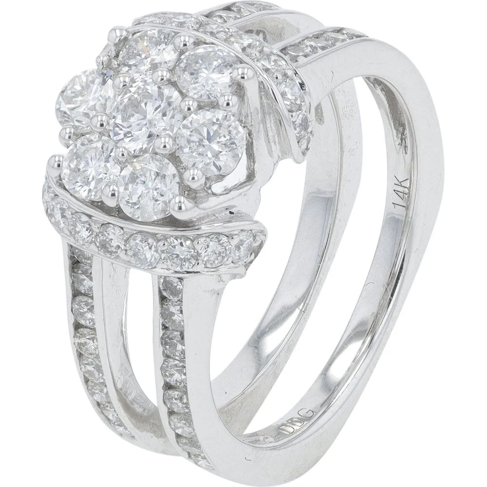 14K White Gold 2 Carat Total Weight Round Diamond Cluster Bridal Set with Pavé Band - Image 2