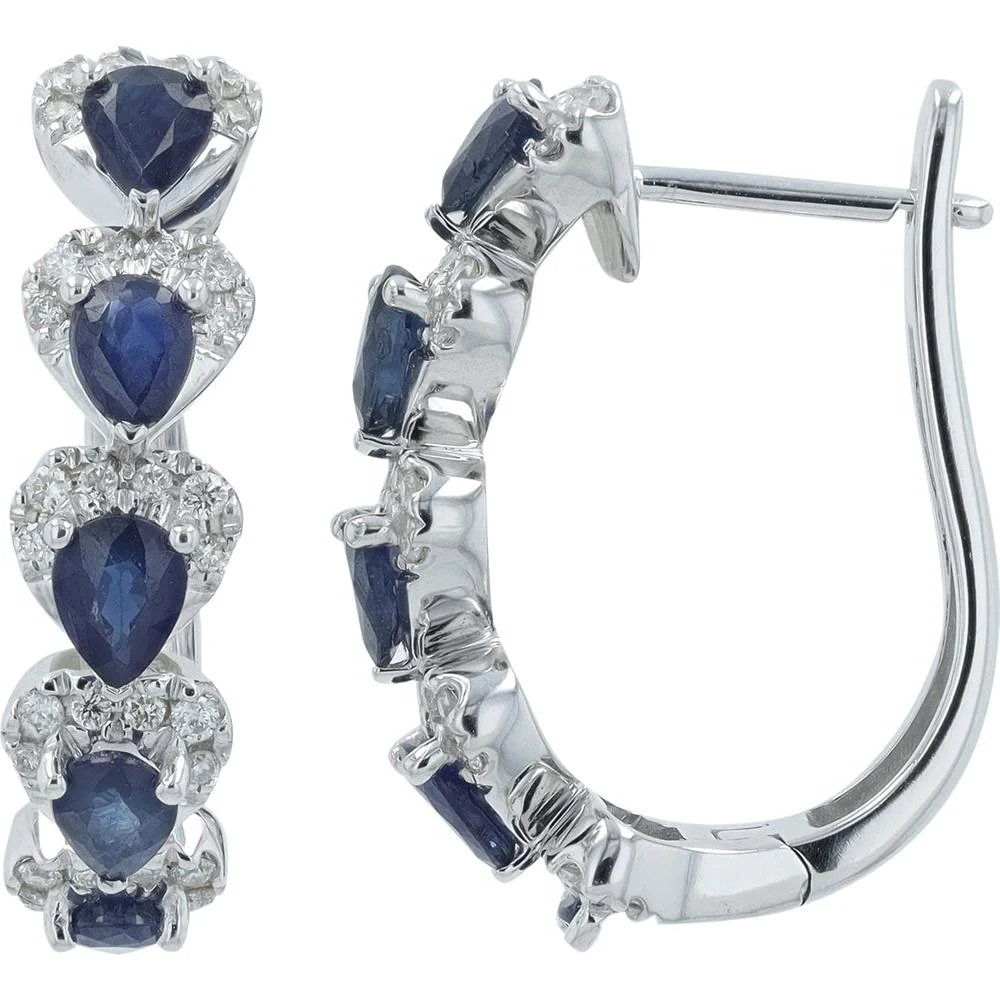 14K White Gold 2 Carat Total Weight Sapphire Hoop Earrings with Diamond Accents - 0.30 Carat Total Diamond Weight