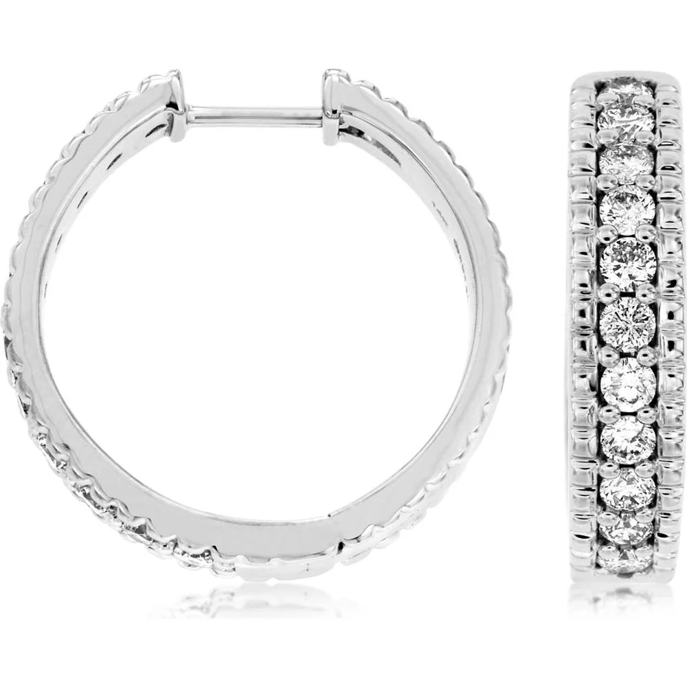 14K White Gold 20mm Diamond Hoop Earrings - 1.00 Carat Total Diamond Weight - Royal Jewelry