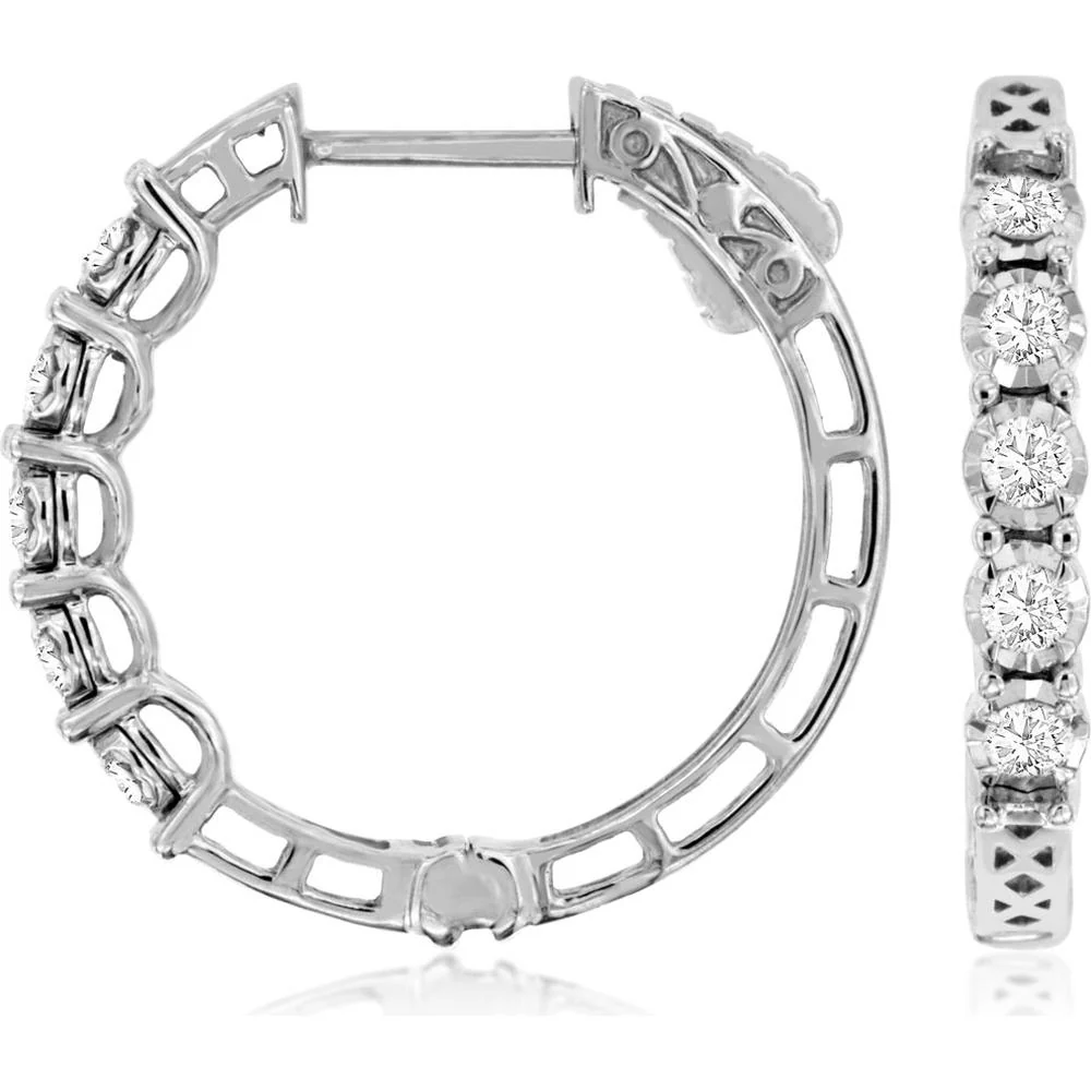 14K White Gold 23mm Diamond Hoop Earrings with Round Brilliant Cut Diamonds - 0.50 Carat Total Weight - Royal Jewelry