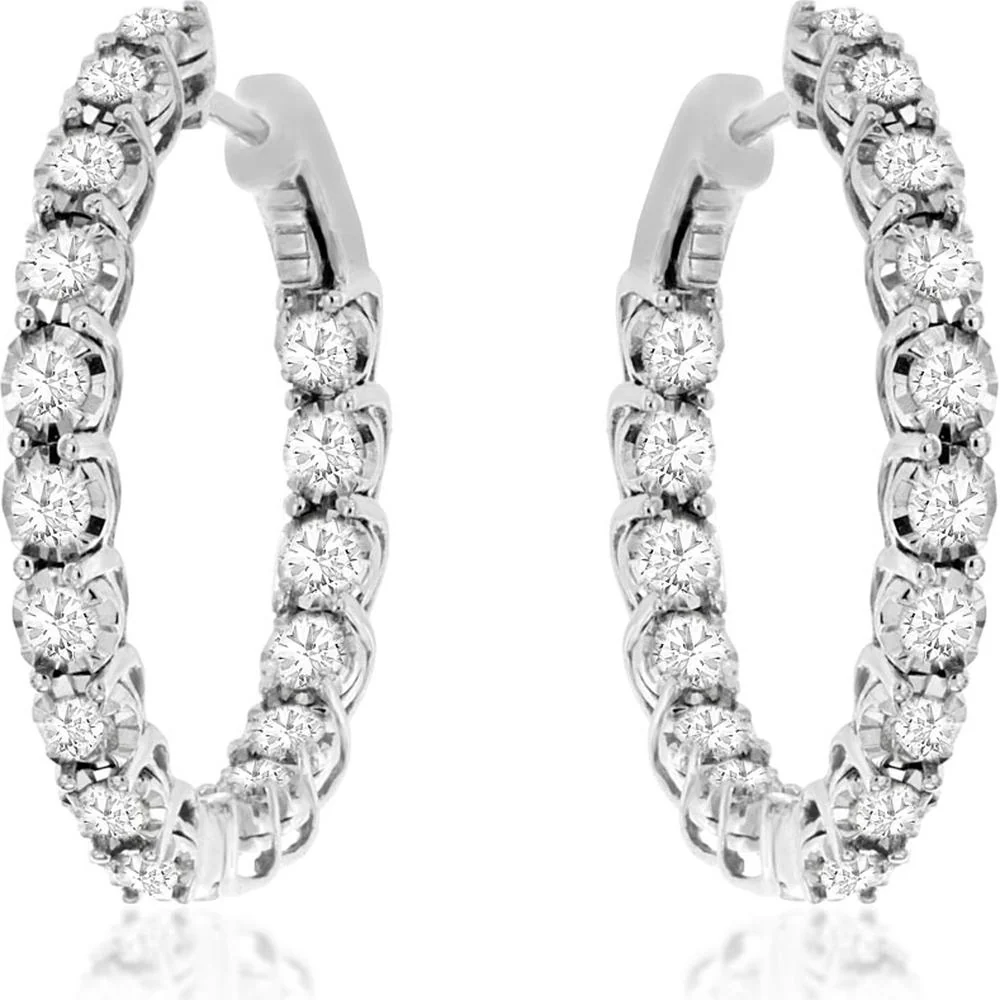 14K White Gold 23mm Medium Hoop Earrings with Round Diamonds - 2.00 Carat Total Diamond Weight - Royal Jewelry