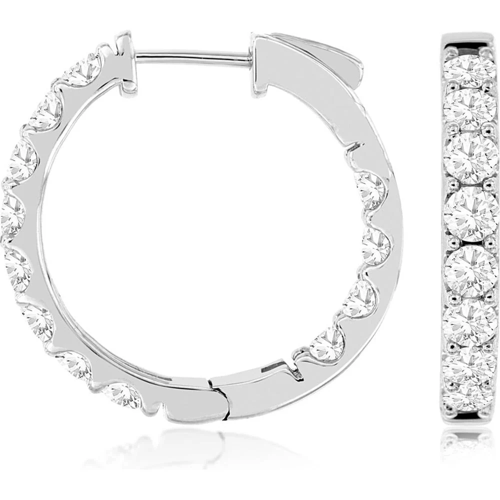 14K White Gold 24mm Diamond Hoop Earrings with Round Brilliant Cut Stones - 3.00 Total Carat Weight - Royal Jewelry