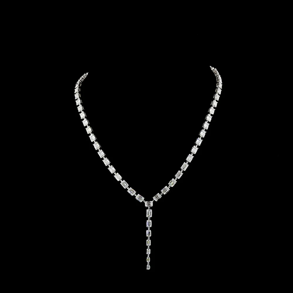 14K White Gold 25.03 Carat Lab Diamond Lariat Necklace with Emerald Cut E-F VS Stones - 54 Total Diamonds - Covaloro Fine Jewelry