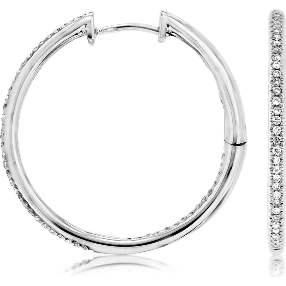 14K White Gold 25mm Diamond Hoop Earrings with Round Brilliant Cut Diamonds - 0.30 Carat Total Diamond Weight - Royal Jewelry