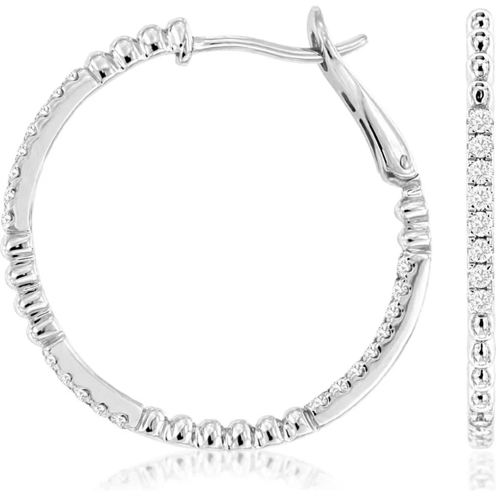 14K White Gold 26mm Medium Hoop Earrings with Round Diamonds - 0.37 Carat Total Diamond Weight - Royal Jewelry