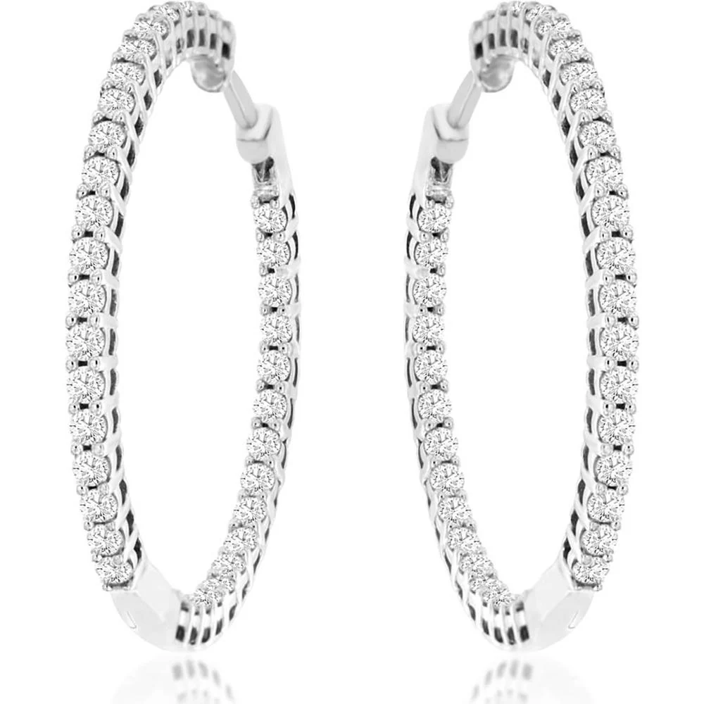 14K White Gold 26mm Medium Hoop Earrings with Round Diamonds - 1.00 Carat Total Diamond Weight - Royal Jewelry
