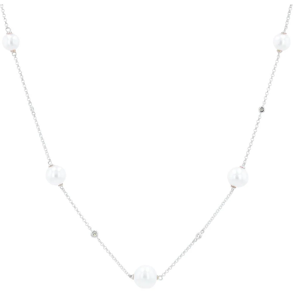14K White Gold 29" Freshwater Pearl Station Necklace - Lustrous Elegant Pearls
