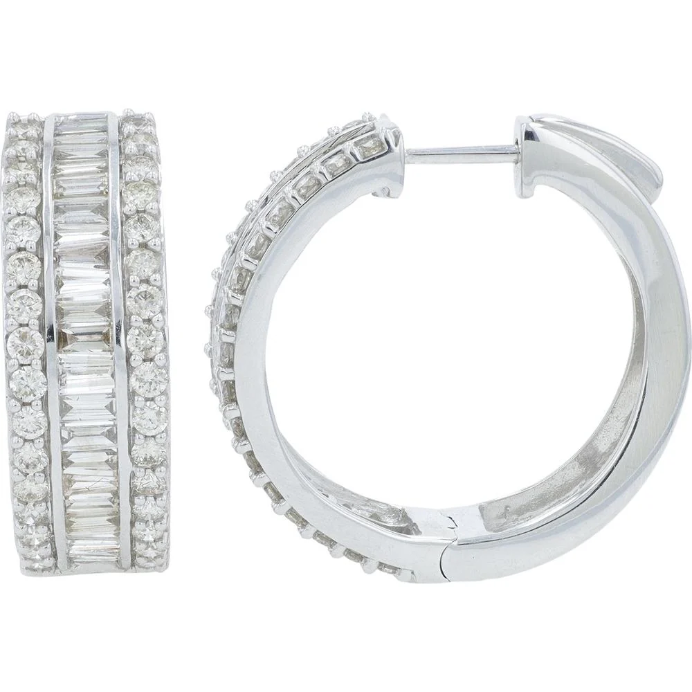 14K White Gold 3.00 Carat Total Diamond Hoops with Baguette and Round Diamonds