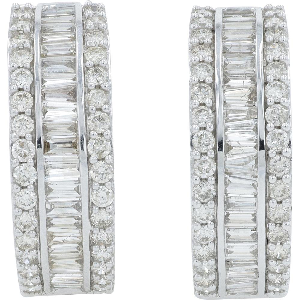 14K White Gold 3.00 Carat Total Diamond Hoops with Baguette and Round Diamonds - Image 2